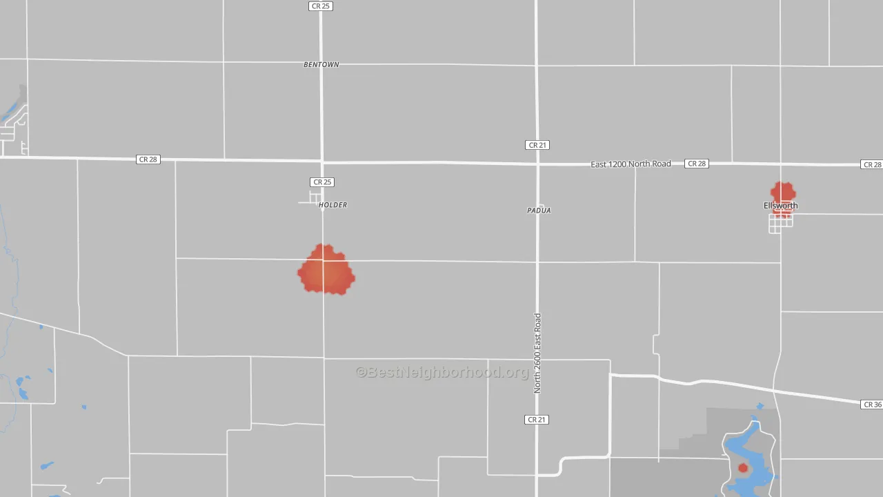 Walk Grade map of Padua, IL, walkable areas in green and car-dependent areas in red