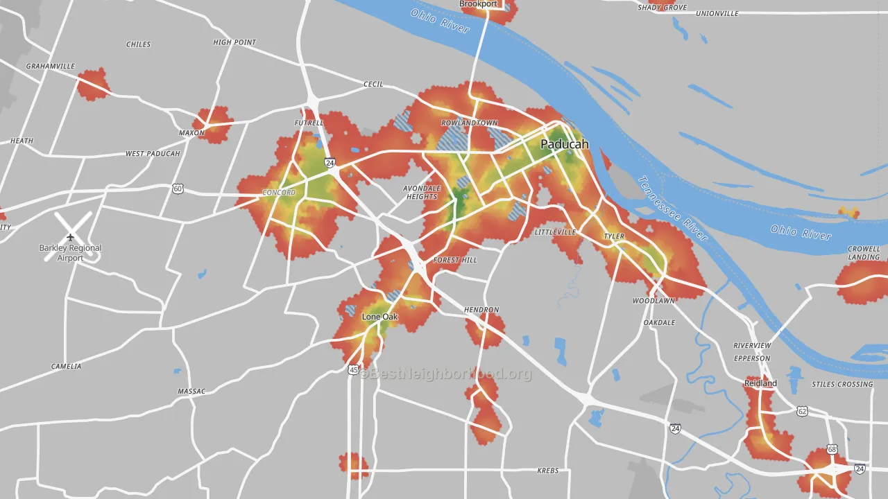 Walk Grade map of Paducah, KY, walkable areas in green and car-dependent areas in red