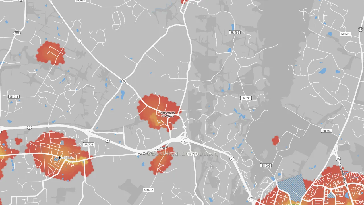 Walk Grade map of Paeonian Springs, VA, walkable areas in green and car-dependent areas in red