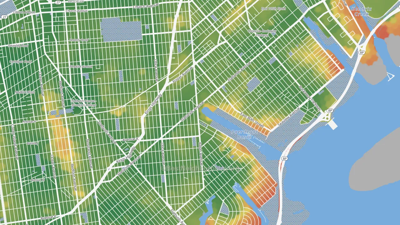 Walk Grade map of Paerdegat, Brooklyn, NY, walkable areas in green and car-dependent areas in red