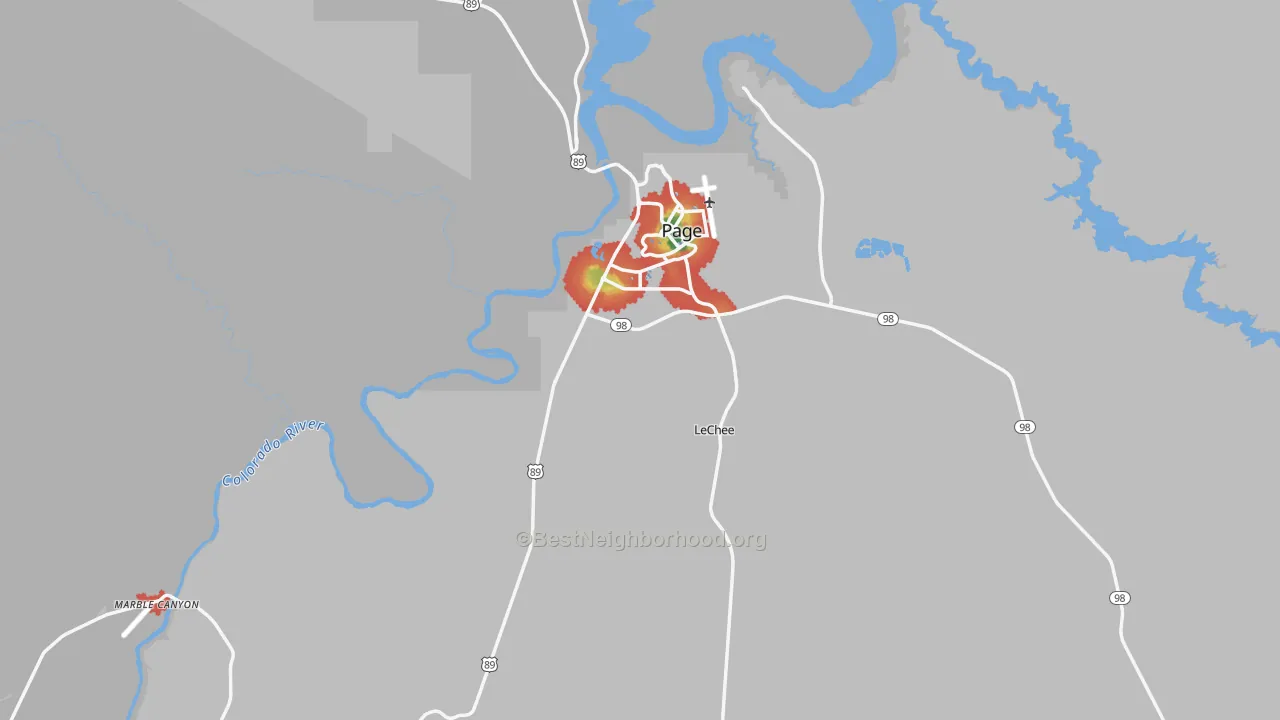 Walk Grade map of Page, AZ, walkable areas in green and car-dependent areas in red