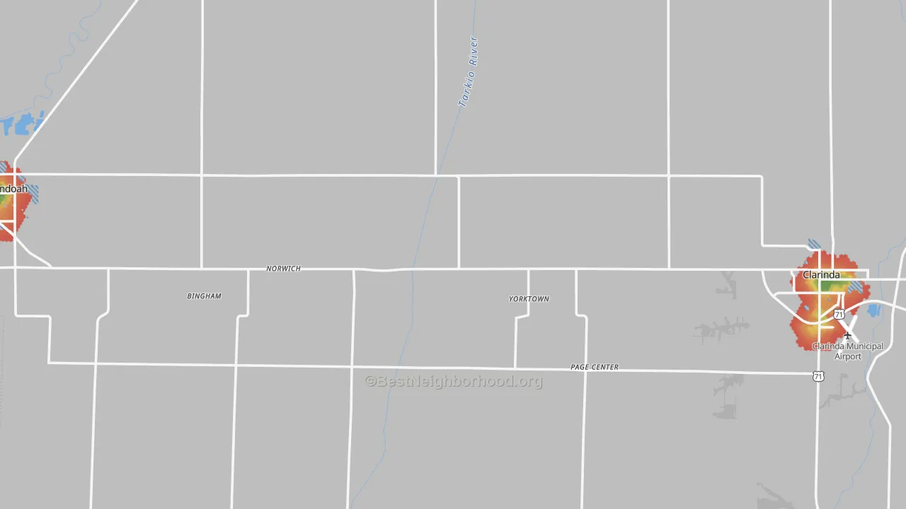 Walk Grade map of Page County, IA, walkable areas in green and car-dependent areas in red