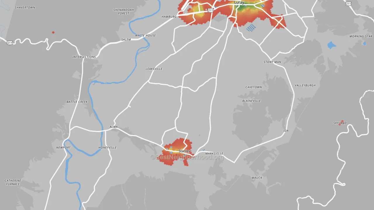 Walk Grade map of Page County, VA, walkable areas in green and car-dependent areas in red