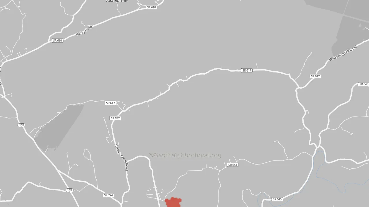 Walk Grade map of Page Hollow, VA, walkable areas in green and car-dependent areas in red