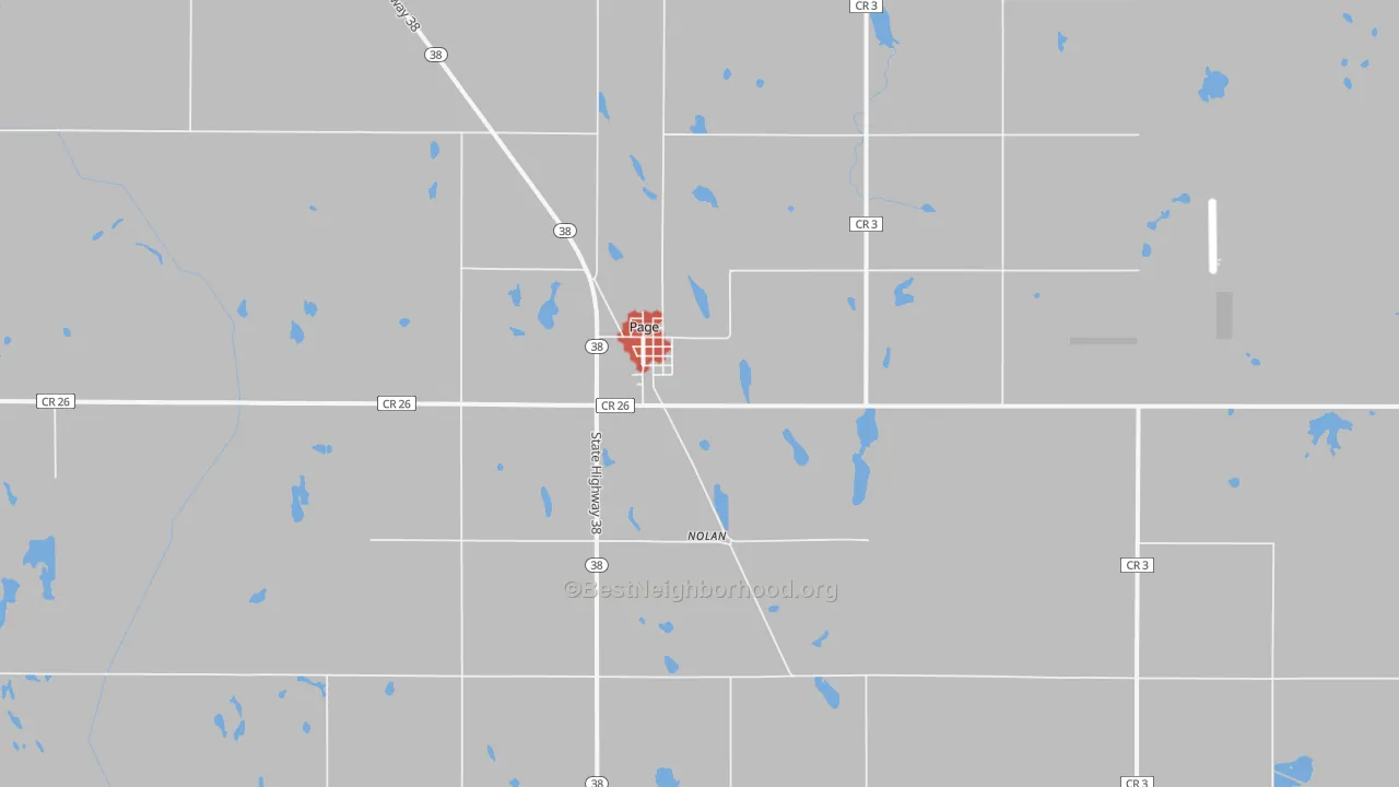 Walk Grade map of Page, ND, walkable areas in green and car-dependent areas in red