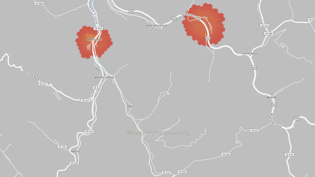 Walk Grade map of Page, VA, walkable areas in green and car-dependent areas in red