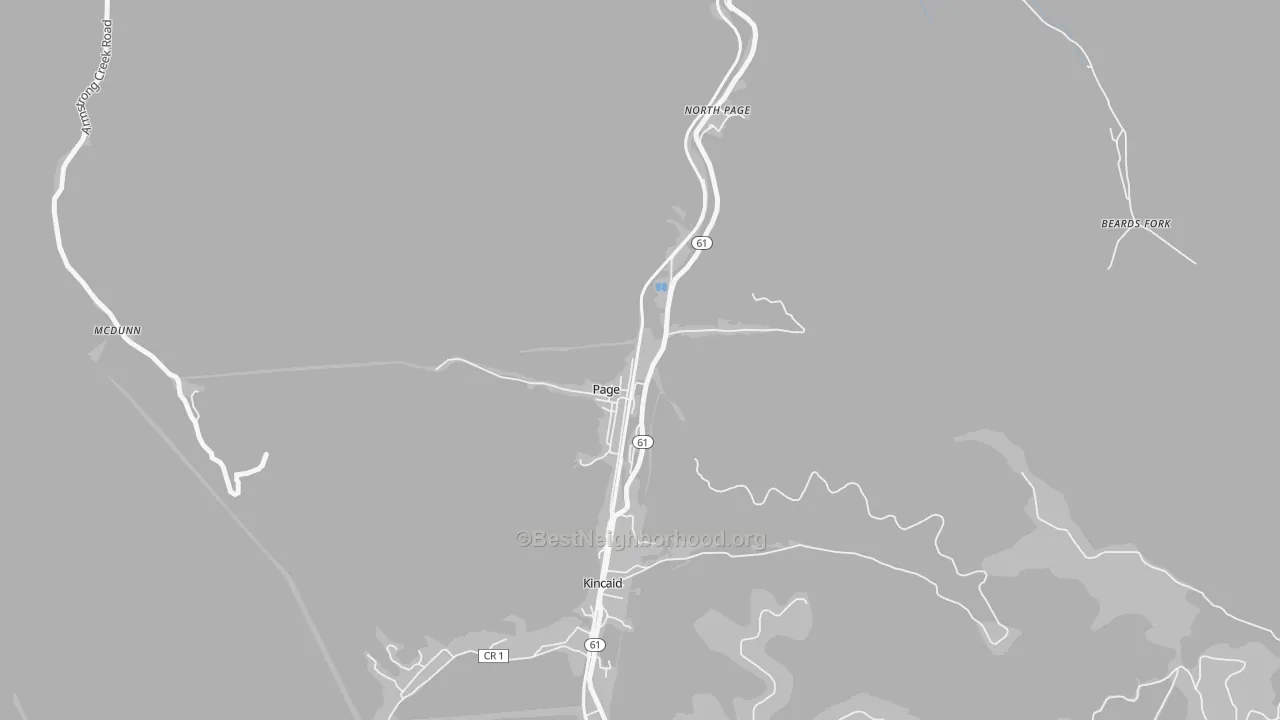 Walk Grade map of Page, WV, walkable areas in green and car-dependent areas in red
