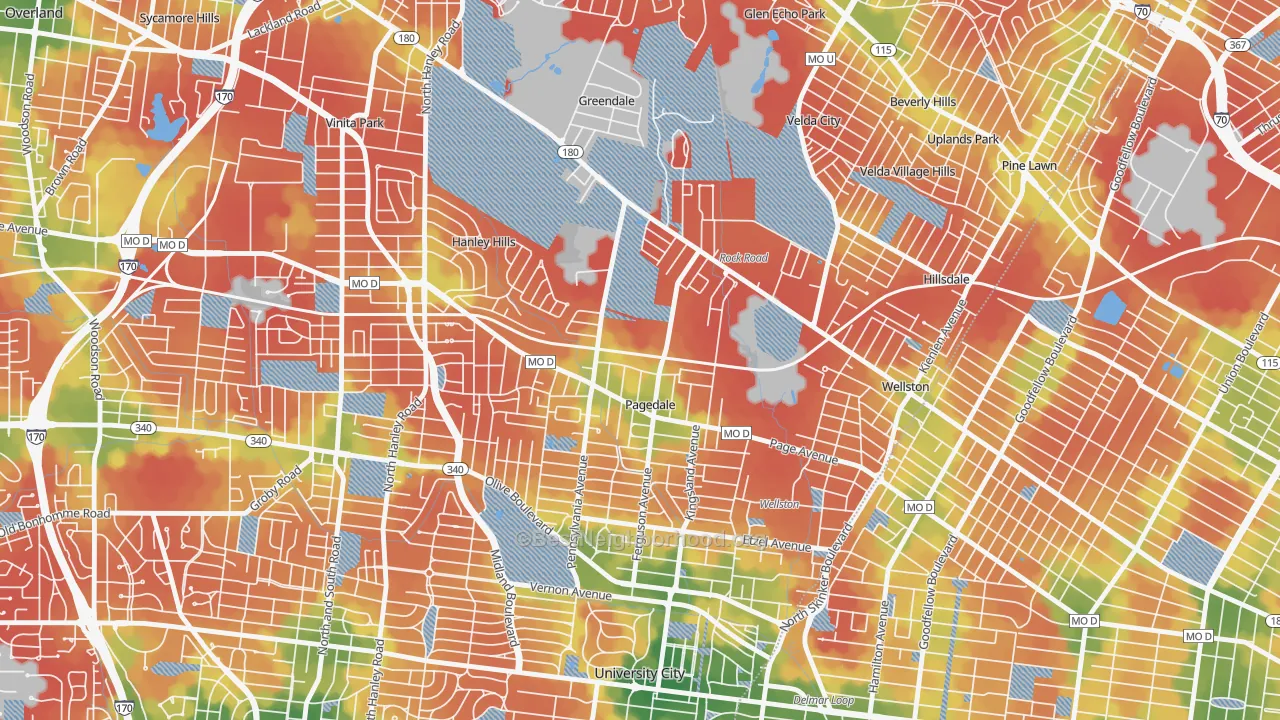 Walk Grade map of Pagedale, MO, walkable areas in green and car-dependent areas in red