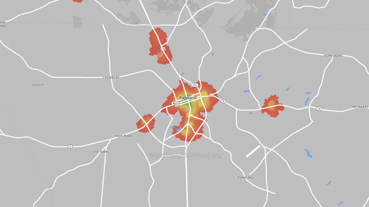 Walk Grade map of Pageland, SC, walkable areas in green and car-dependent areas in red