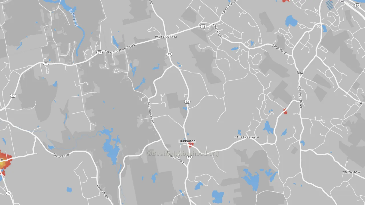 Walk Grade map of Pages Corner, NH, walkable areas in green and car-dependent areas in red