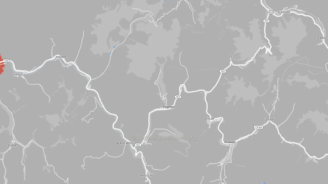 Walk Grade map of Pageton, WV, walkable areas in green and car-dependent areas in red