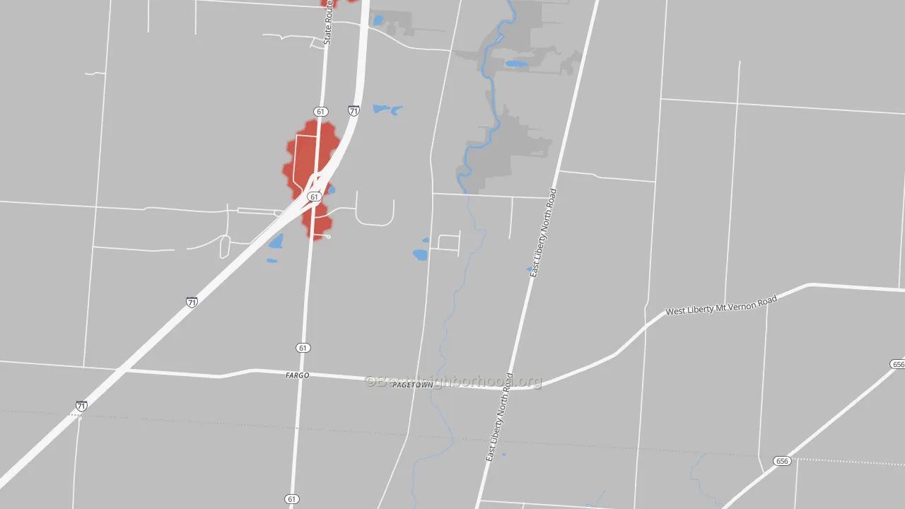 Walk Grade map of Pagetown, OH, walkable areas in green and car-dependent areas in red