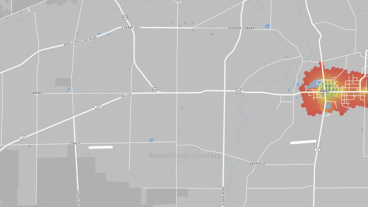 Walk Grade map of Pageville, PA, walkable areas in green and car-dependent areas in red