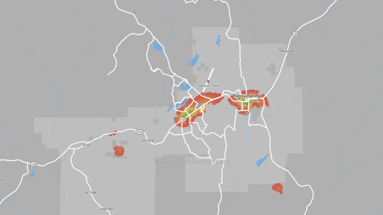 Walk Grade map of Pagosa Springs, CO, walkable areas in green and car-dependent areas in red