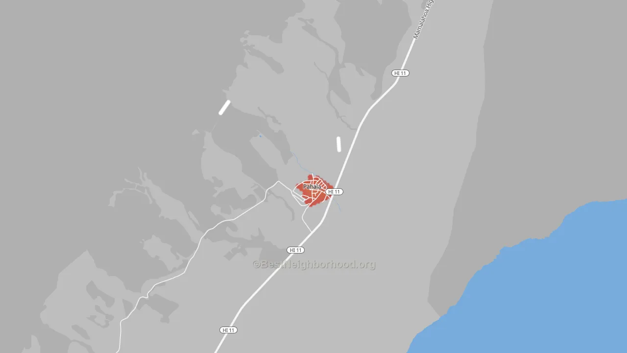 Walk Grade map of Pahala, HI, walkable areas in green and car-dependent areas in red