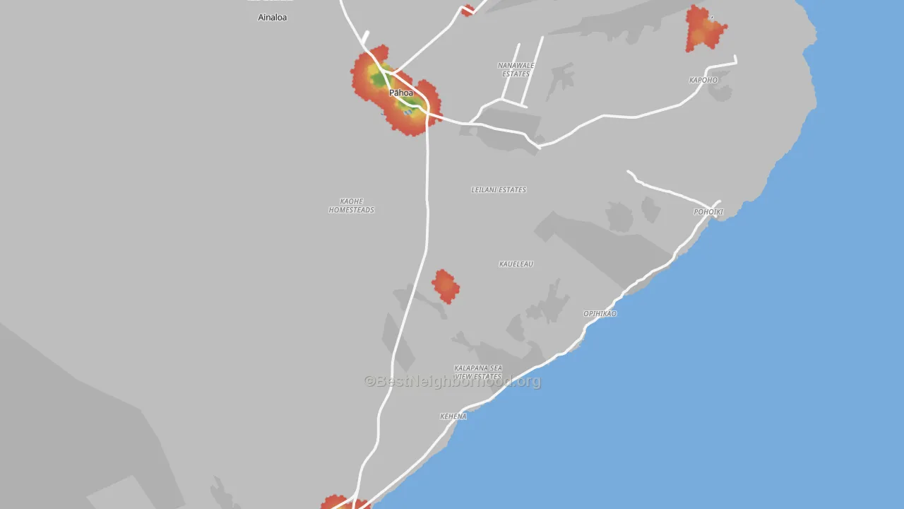 Walk Grade map of Pahoa, HI, walkable areas in green and car-dependent areas in red