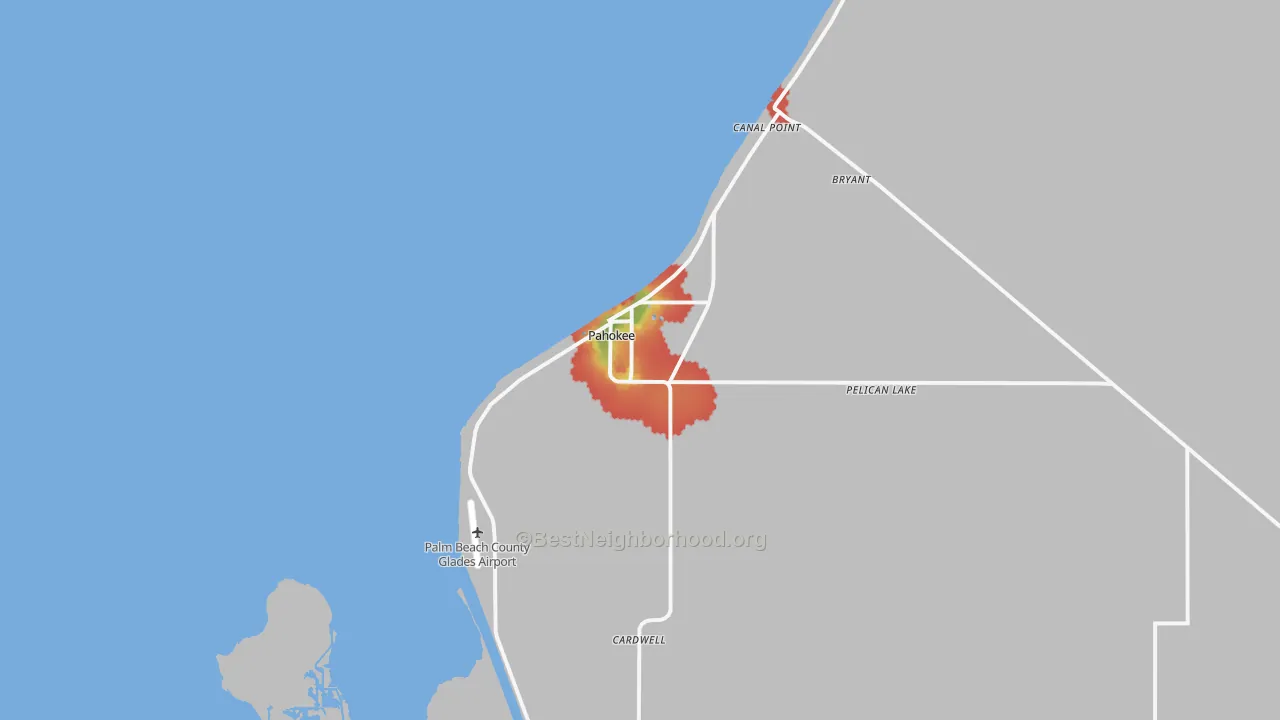 Walk Grade map of Pahokee, FL, walkable areas in green and car-dependent areas in red