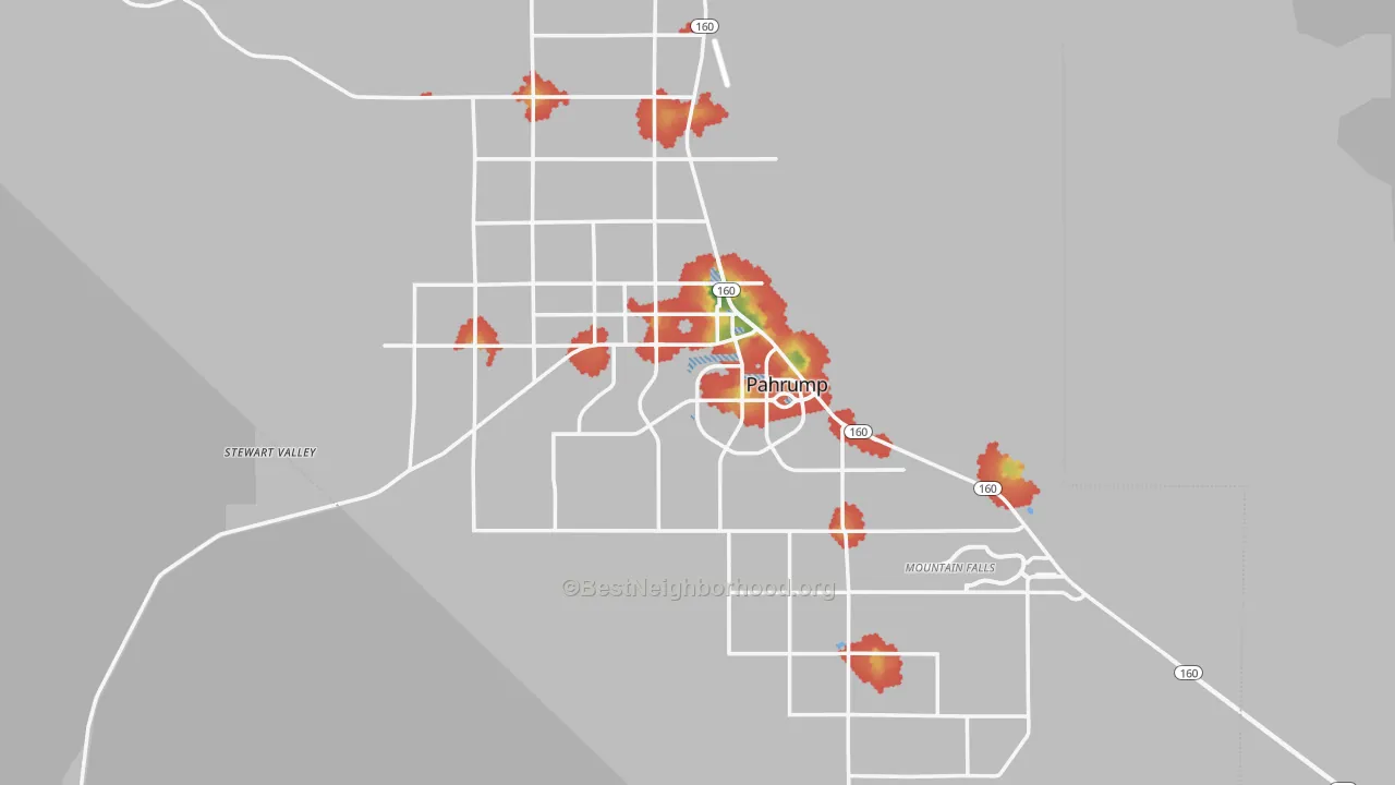 Walk Grade map of Pahrump, NV, walkable areas in green and car-dependent areas in red