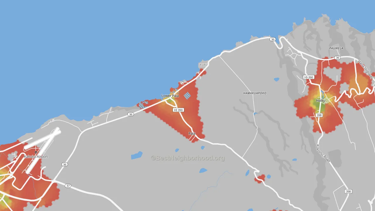 Walk Grade map of Paia, HI, walkable areas in green and car-dependent areas in red
