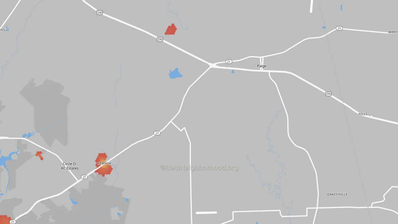 Walk Grade map of Paige, TX, walkable areas in green and car-dependent areas in red