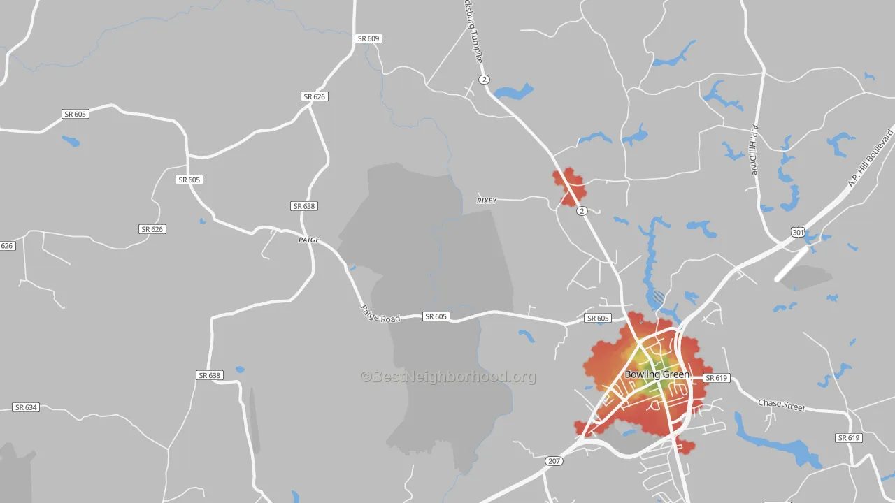 Walk Grade map of Paige, VA, walkable areas in green and car-dependent areas in red