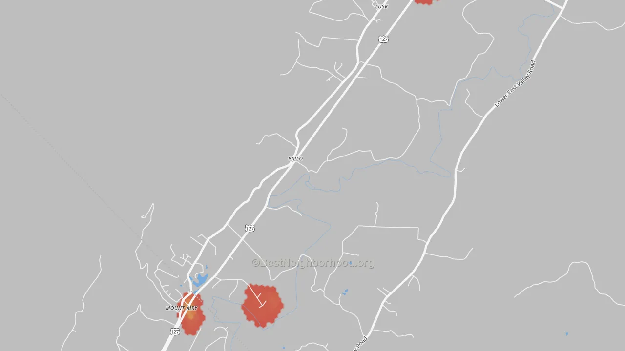 Walk Grade map of Pailo, TN, walkable areas in green and car-dependent areas in red