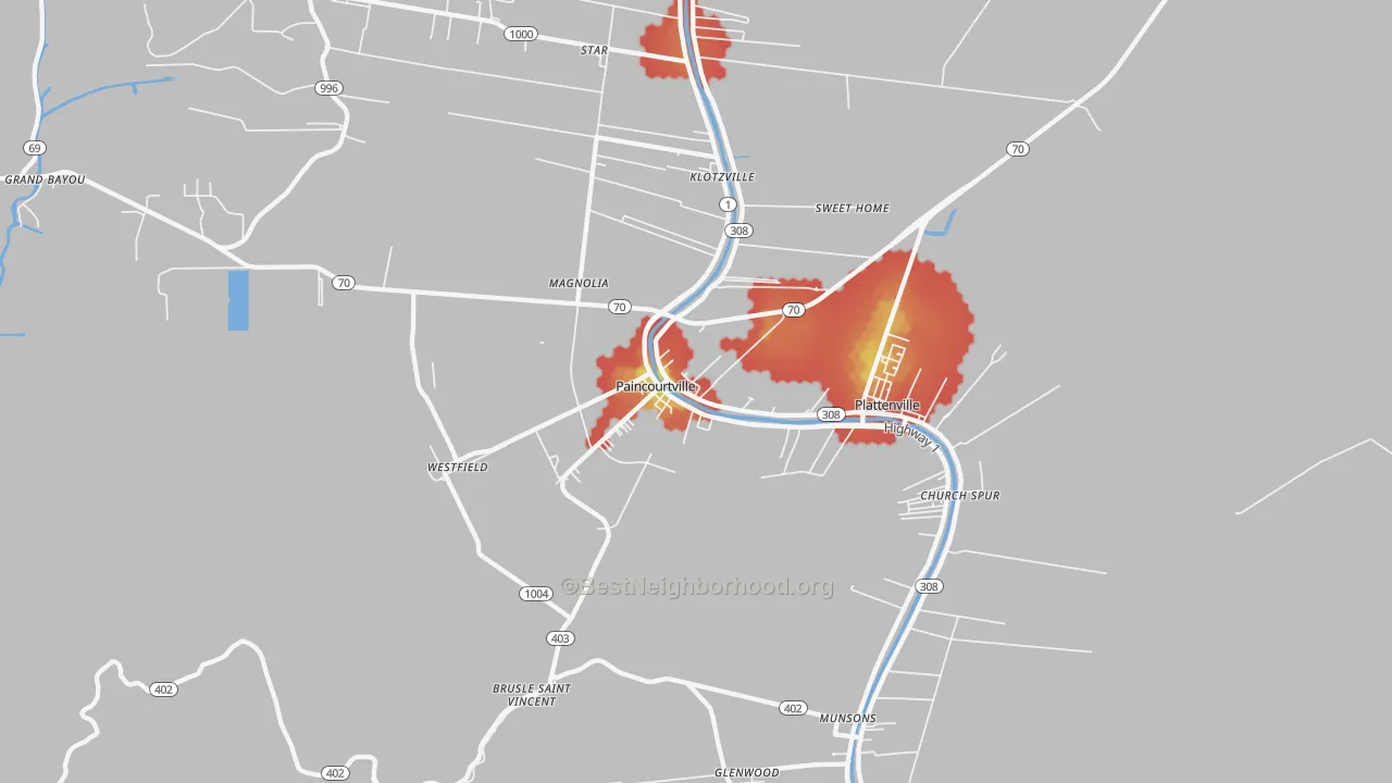 Walk Grade map of Paincourtville, LA, walkable areas in green and car-dependent areas in red