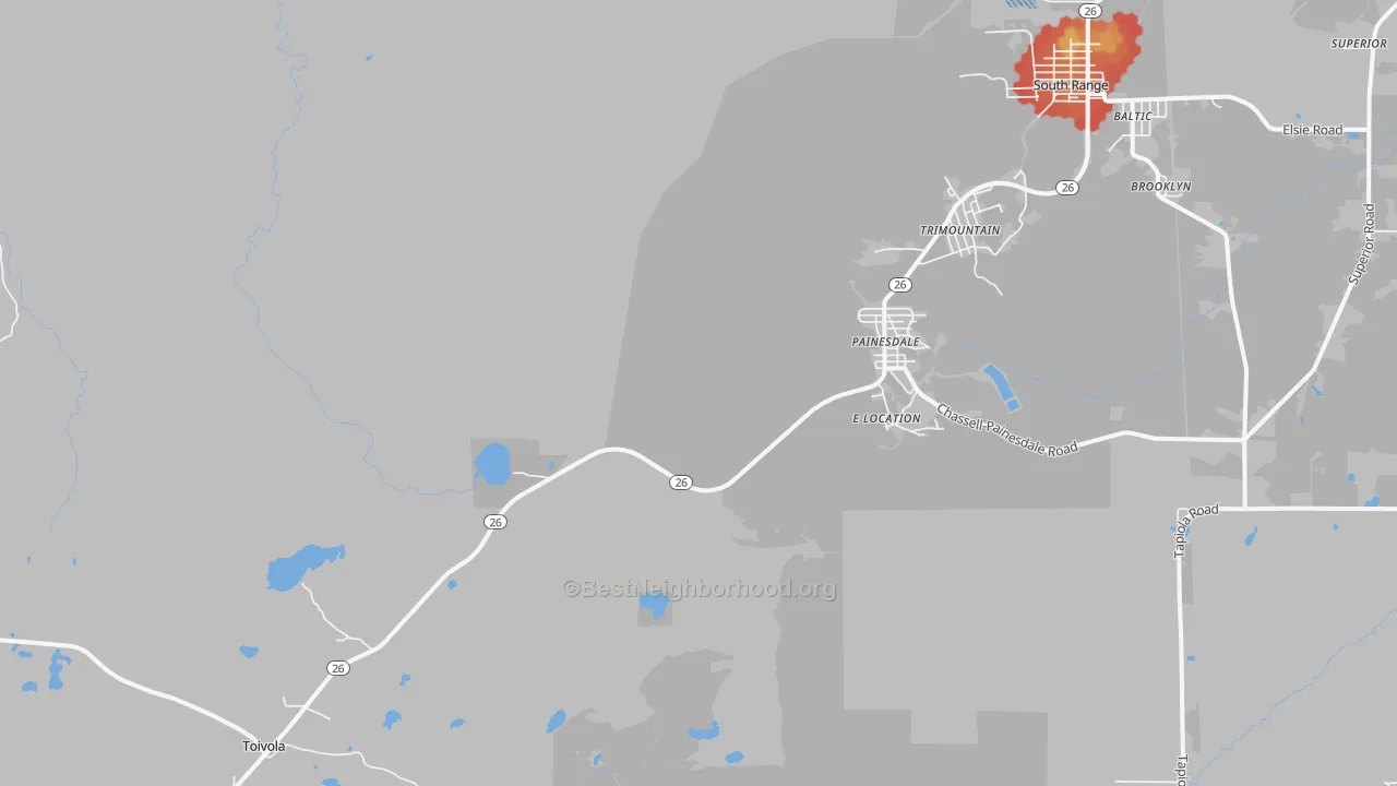 Walk Grade map of Painesdale, MI, walkable areas in green and car-dependent areas in red