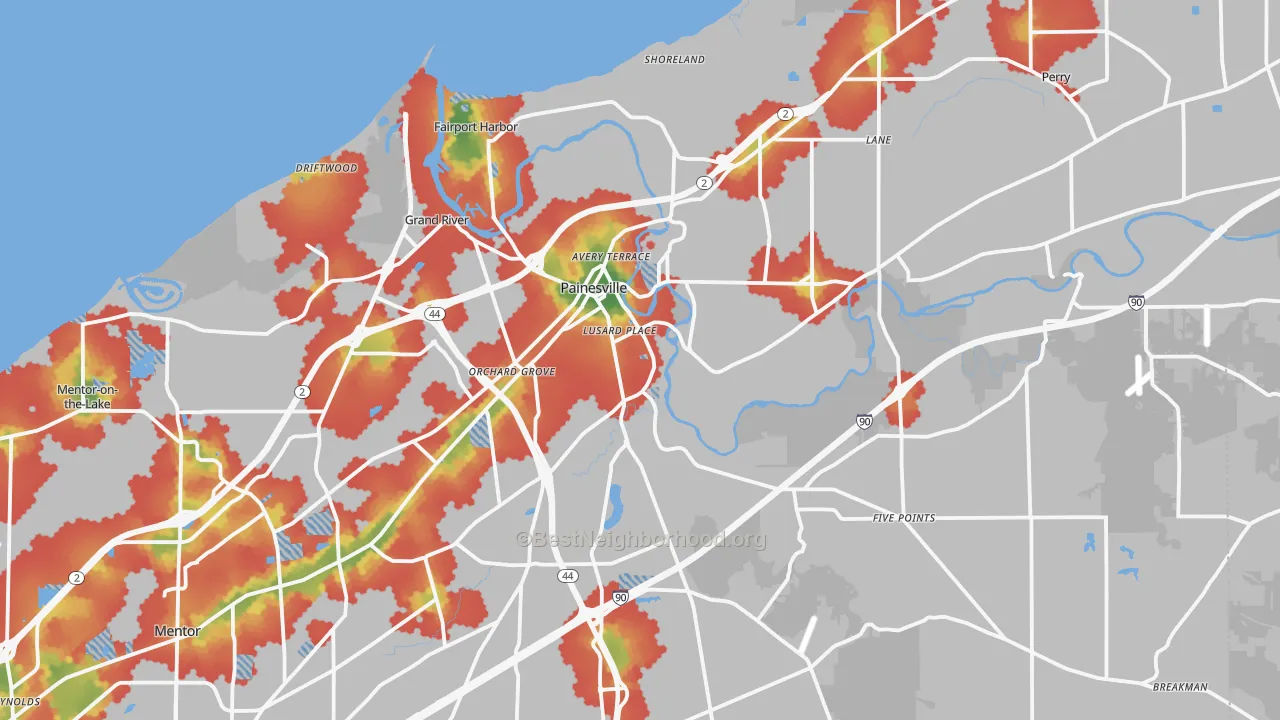 Walk Grade map of Painesville, OH, walkable areas in green and car-dependent areas in red