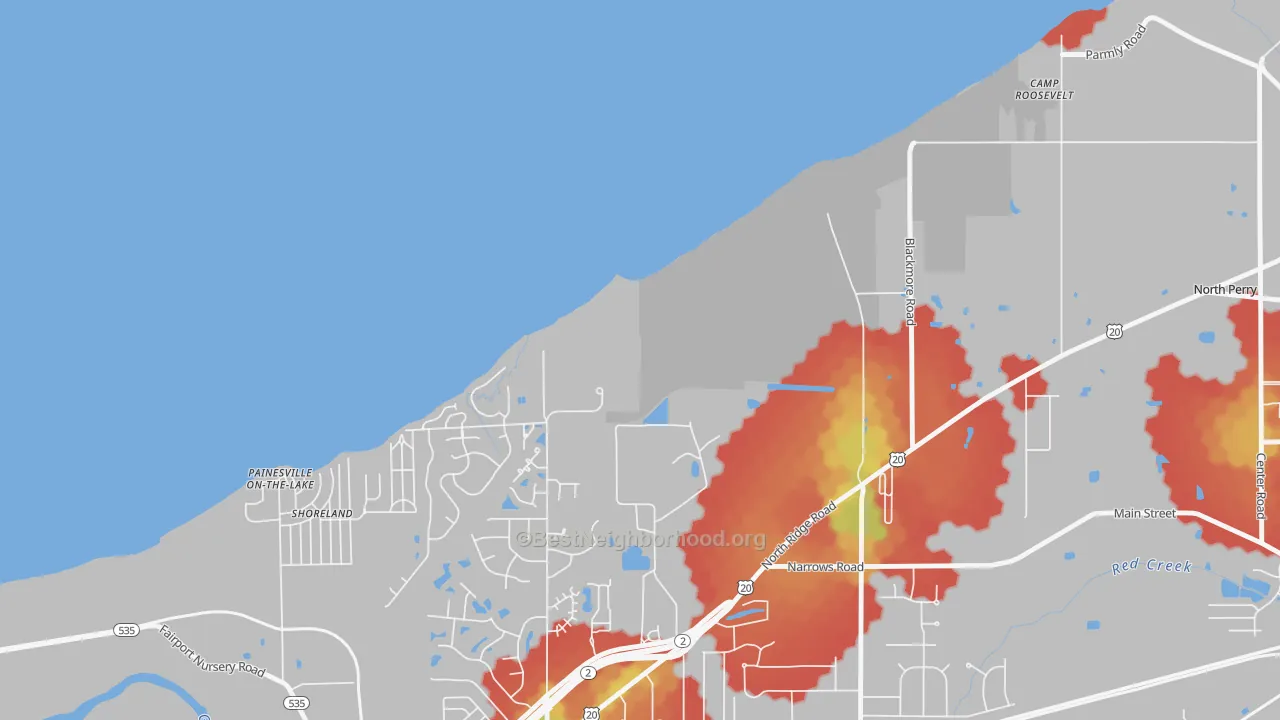 Walk Grade map of Painesville on the Lake, OH, walkable areas in green and car-dependent areas in red