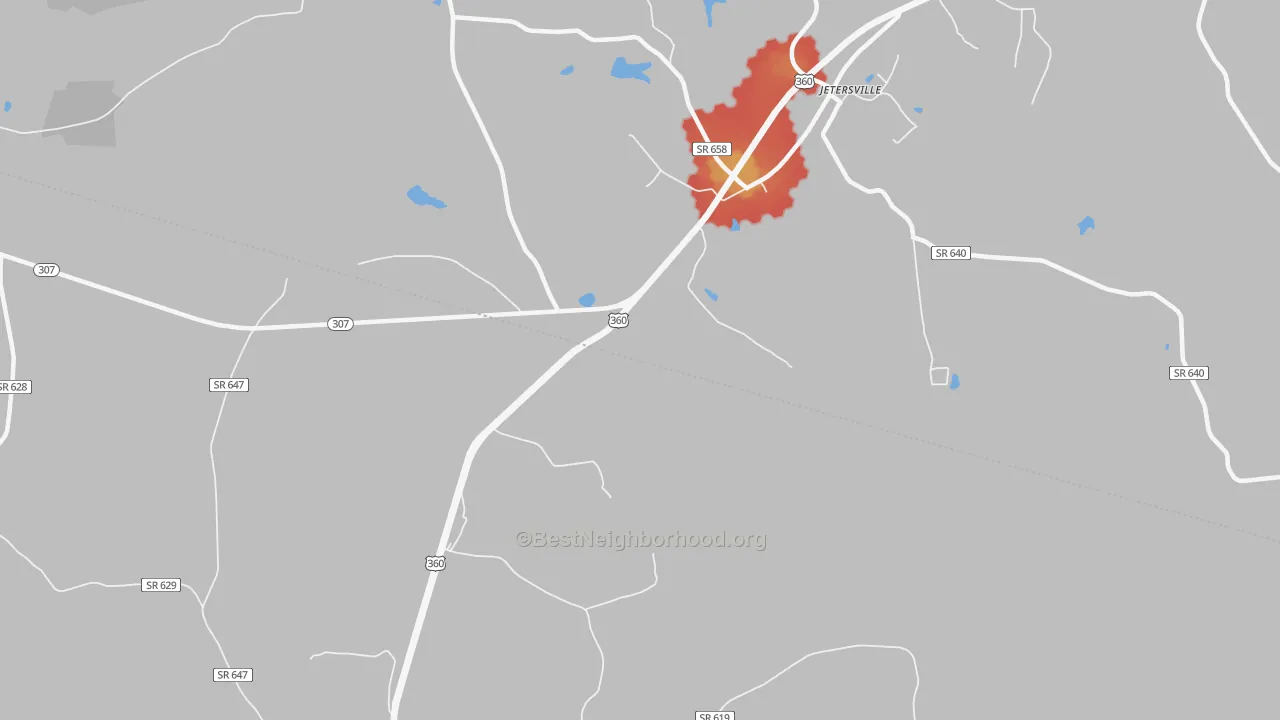 Walk Grade map of Paineville, VA, walkable areas in green and car-dependent areas in red