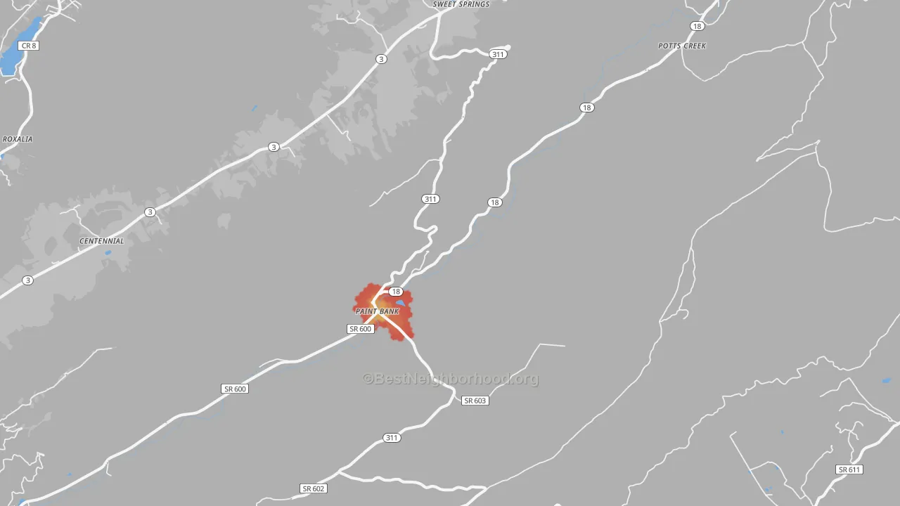 Walk Grade map of Paint Bank, VA, walkable areas in green and car-dependent areas in red