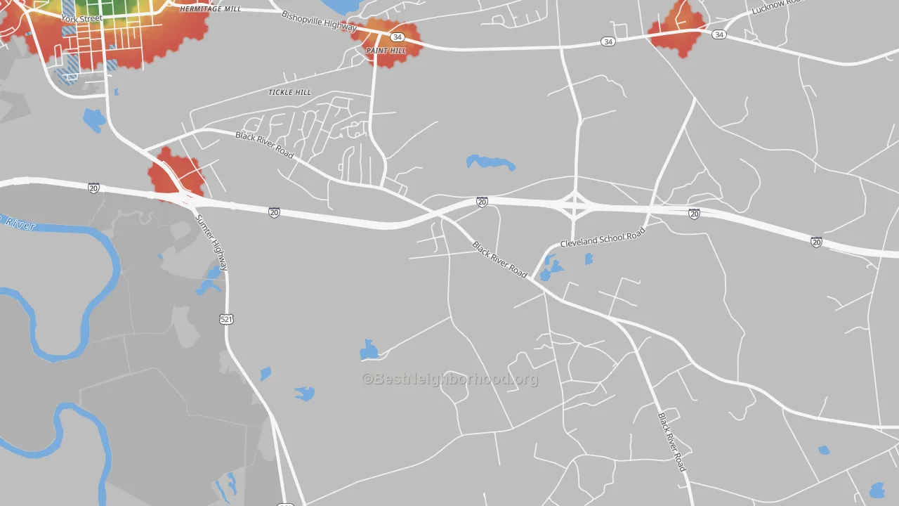 Walk Grade map of Paint Hill, SC, walkable areas in green and car-dependent areas in red