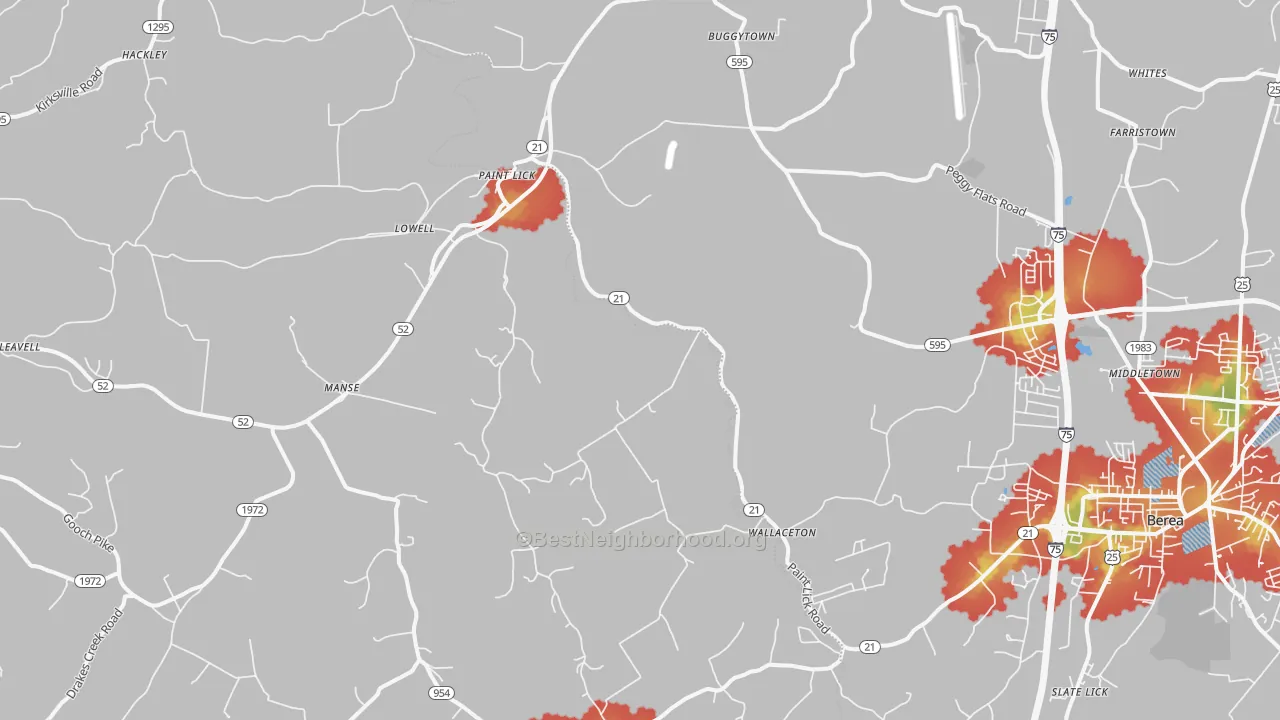 Walk Grade map of Paint Lick, KY, walkable areas in green and car-dependent areas in red