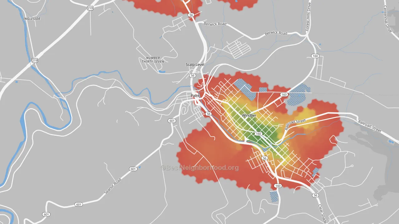 Walk Grade map of Paint, PA, walkable areas in green and car-dependent areas in red
