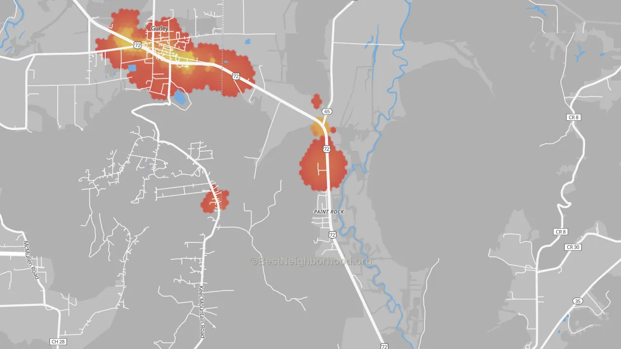 Walk Grade map of Paint Rock, AL, walkable areas in green and car-dependent areas in red