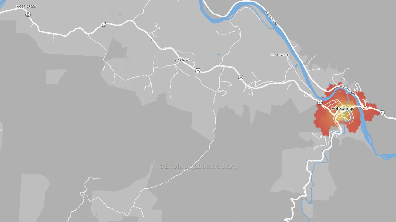 Walk Grade map of Paint Rock, NC, walkable areas in green and car-dependent areas in red