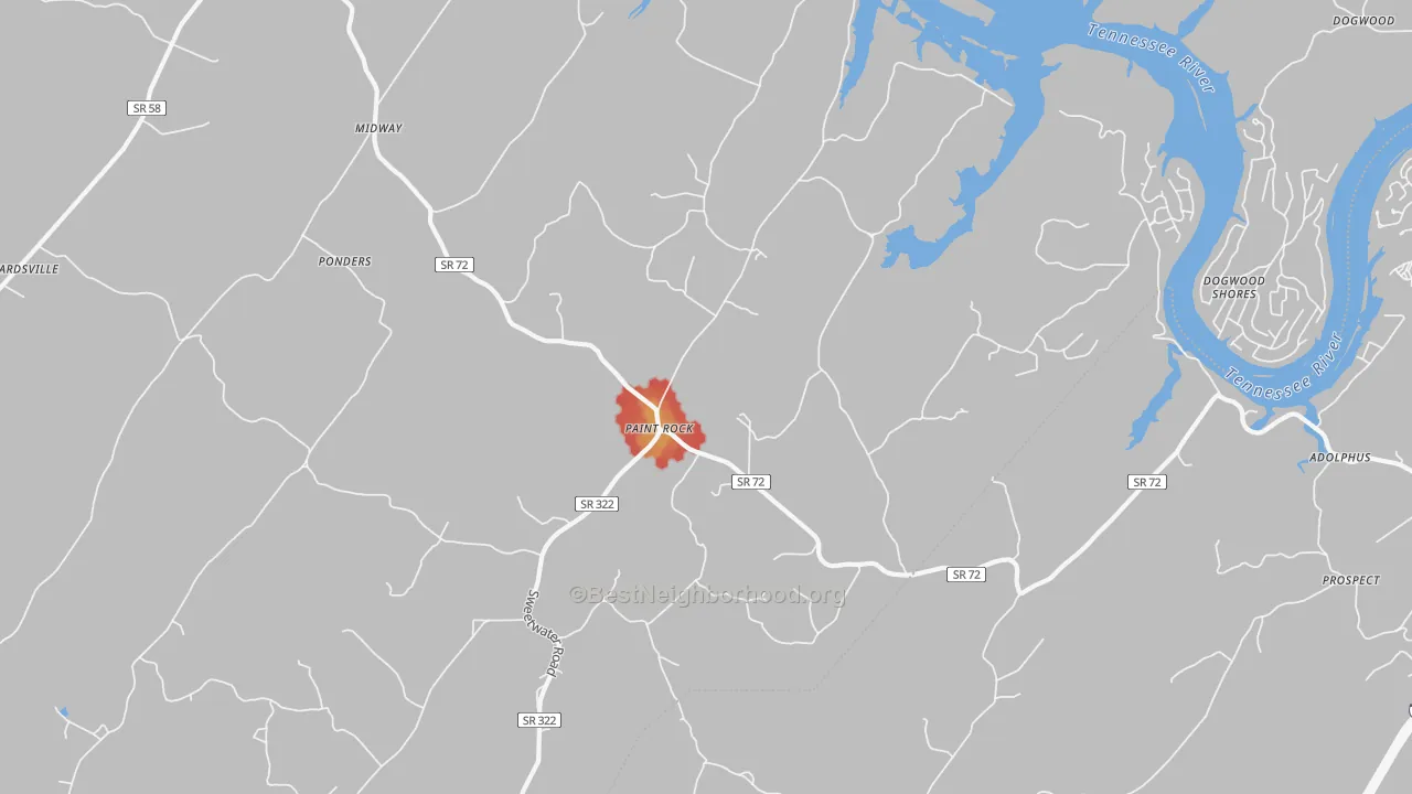 Walk Grade map of Paint Rock, TN, walkable areas in green and car-dependent areas in red