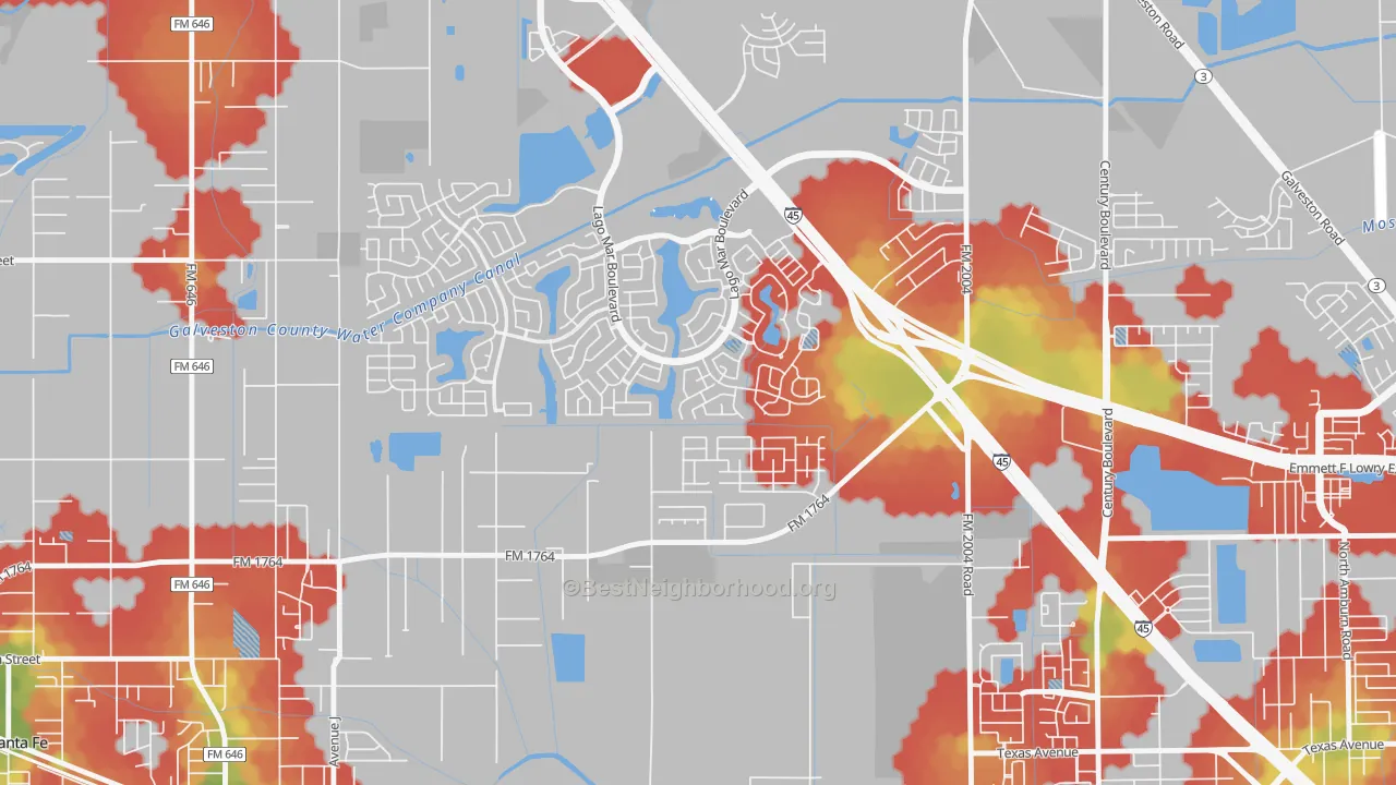 Walk Grade map of Painted Meadows, Santa Fe, TX, walkable areas in green and car-dependent areas in red