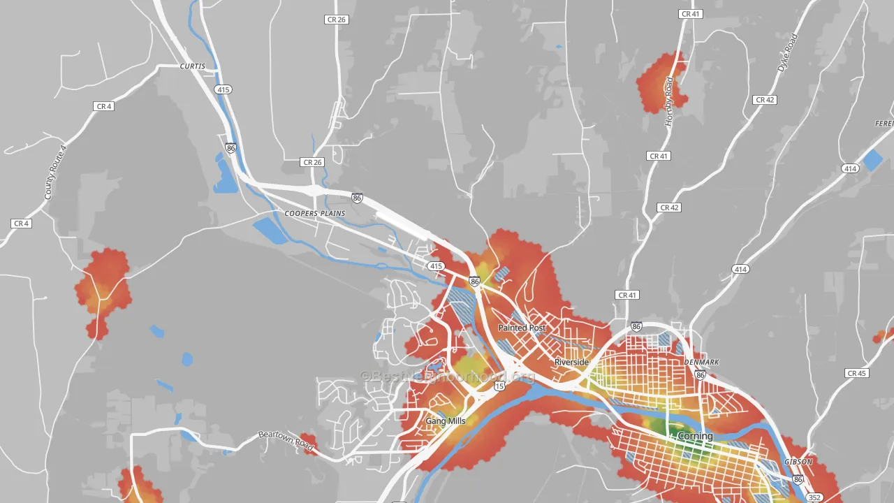 Walk Grade map of Painted Post, NY, walkable areas in green and car-dependent areas in red