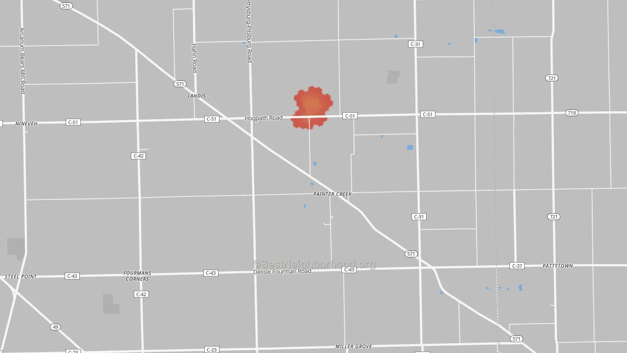 Walk Grade map of Painter Creek, OH, walkable areas in green and car-dependent areas in red
