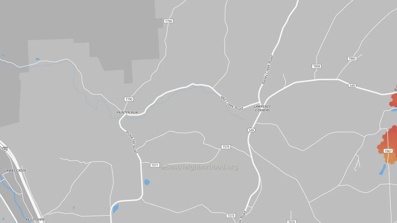 Walk Grade map of Painter Run, PA, walkable areas in green and car-dependent areas in red