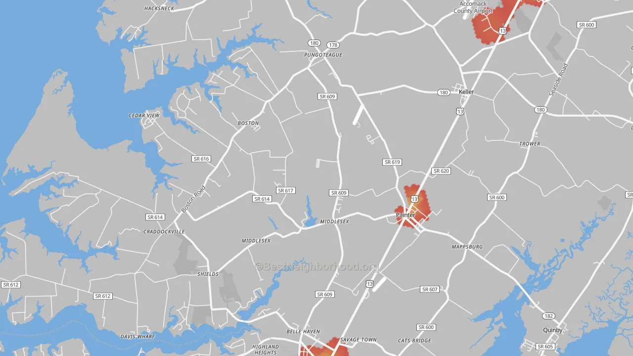 Walk Grade map of Painter, VA, walkable areas in green and car-dependent areas in red