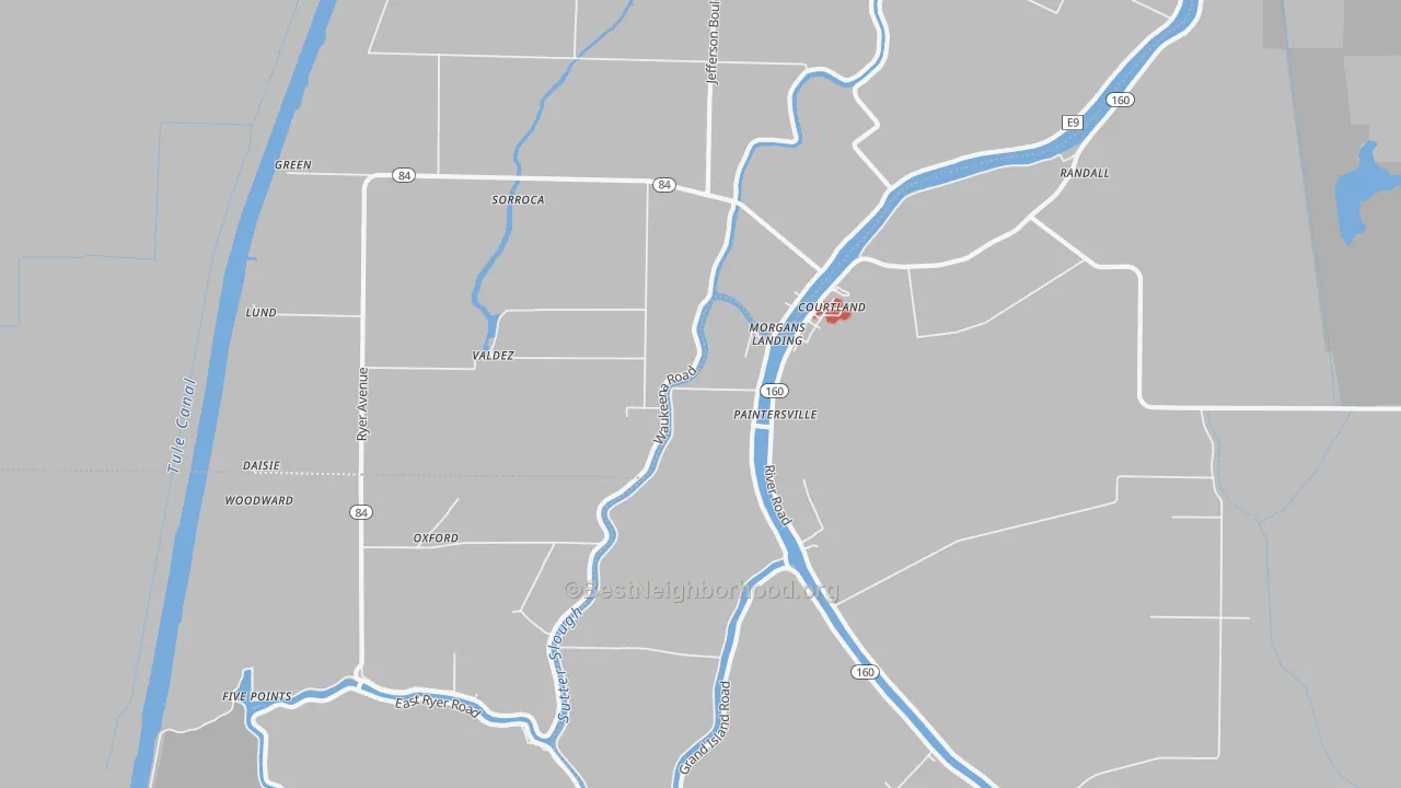 Walk Grade map of Paintersville, CA, walkable areas in green and car-dependent areas in red