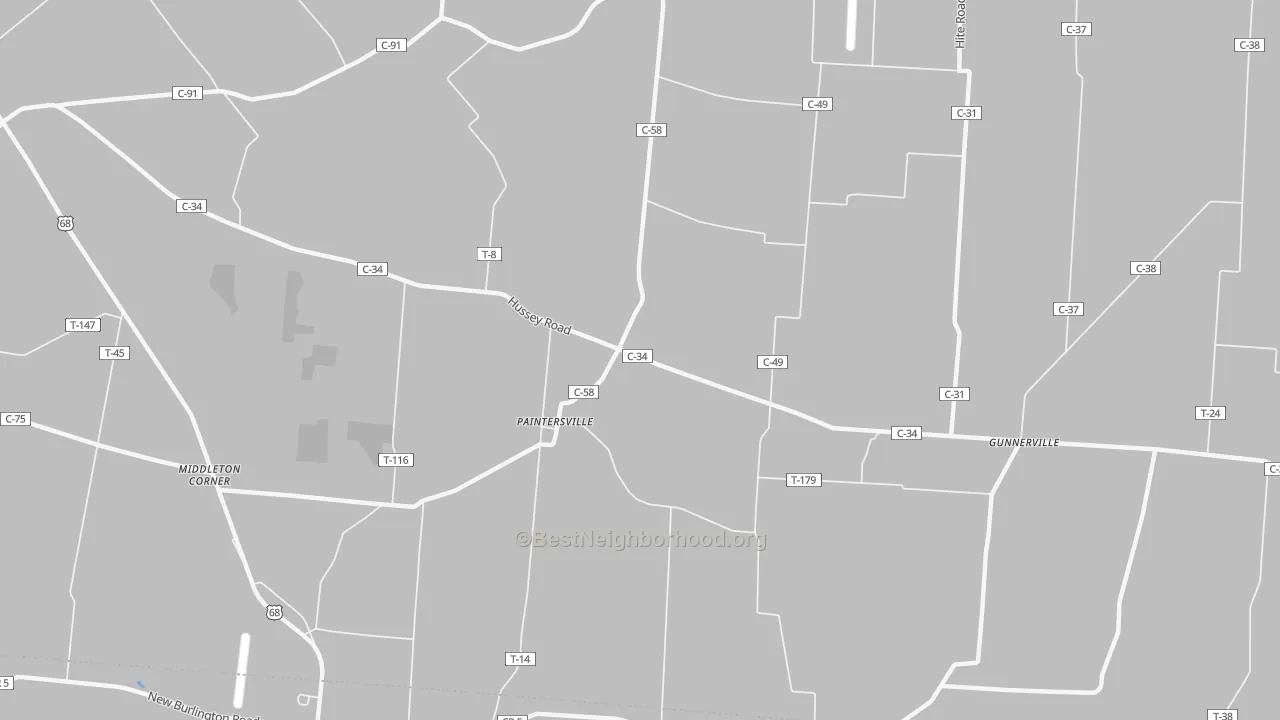 Walk Grade map of Paintersville, OH, walkable areas in green and car-dependent areas in red