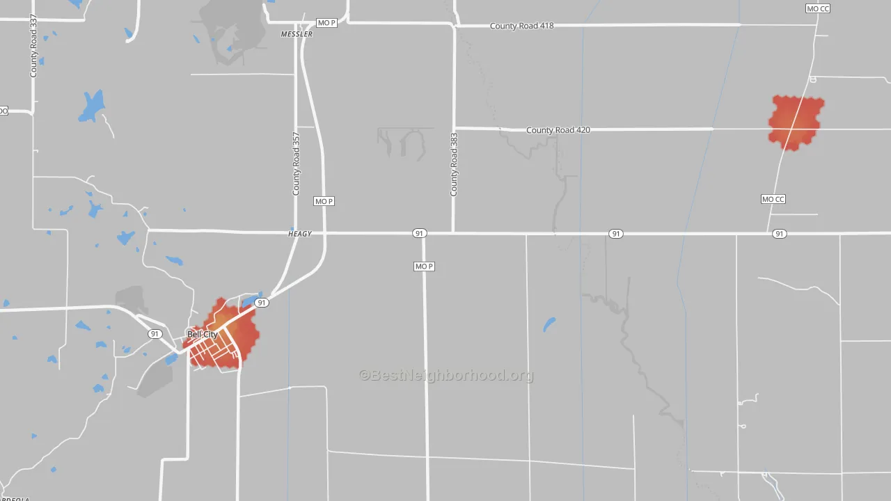 Walk Grade map of Painton, MO, walkable areas in green and car-dependent areas in red