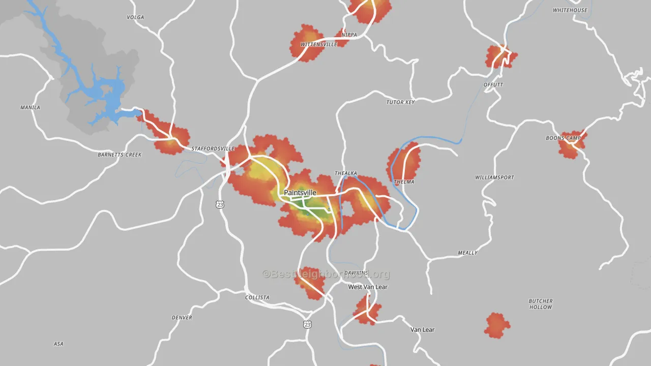 Walk Grade map of Paintsville, KY, walkable areas in green and car-dependent areas in red