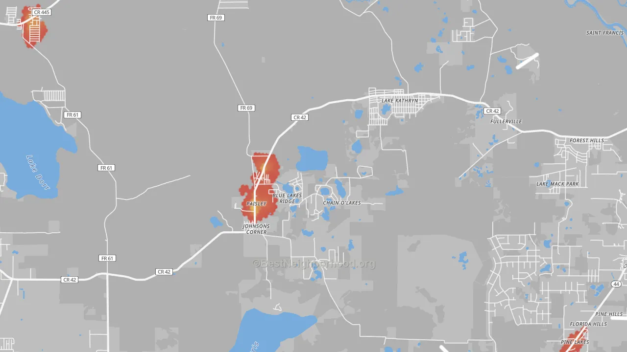 Walk Grade map of Paisley, FL, walkable areas in green and car-dependent areas in red
