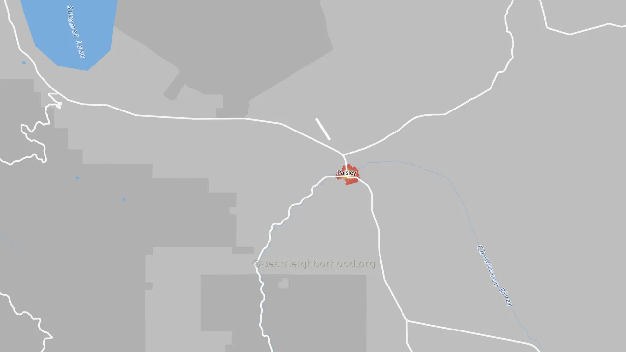Walk Grade map of Paisley, OR, walkable areas in green and car-dependent areas in red
