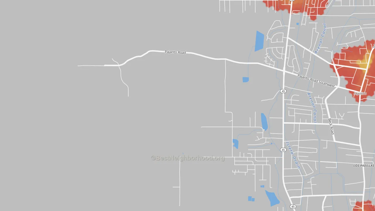 Walk Grade map of Pajarito, NM, walkable areas in green and car-dependent areas in red